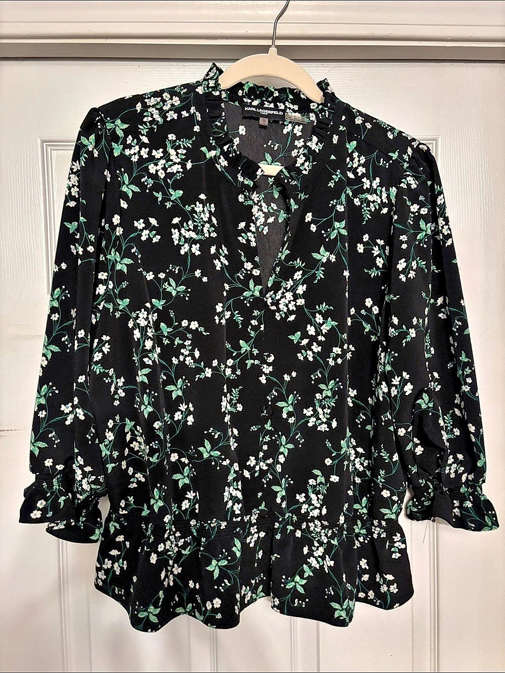 Karl Lagerfeld Floral Peplum Blouse in Black & Green Size XL Like New